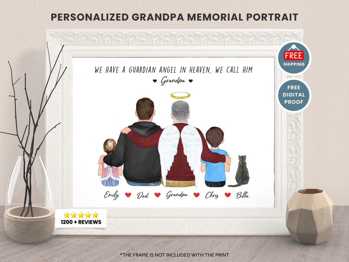 Custom Heaven Grandfather Dad Toddler Portrait Illustration Gift From Grandchildren Dad Grandpa Print In Heaven Dad Memorial Christmas Gift