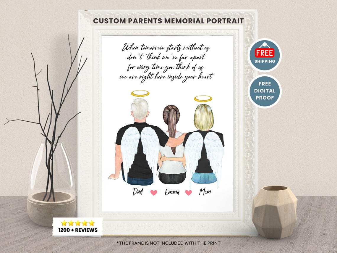 Custom Parents Memorial Portrait Print with Angel Wings Gift
