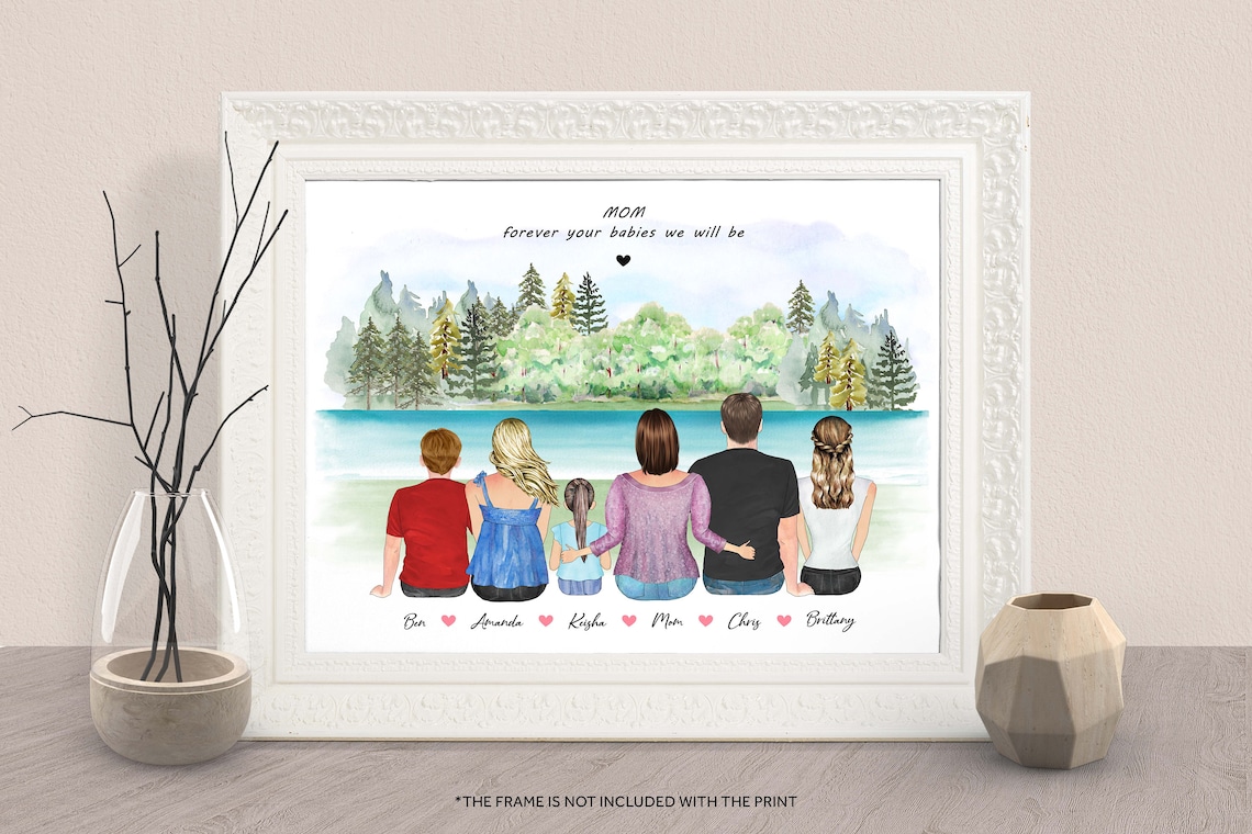 Personalized Mom With Five Children Family Portrait Wall Art Gift