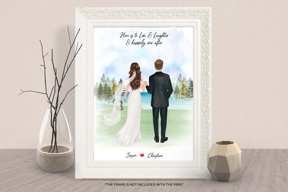 Personalized Bride and Groom Lakeside Wedding Portrait Print