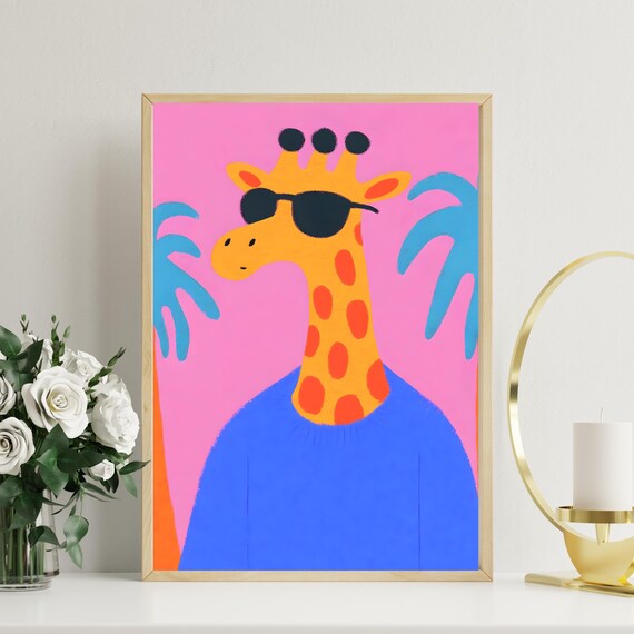Cool Giraffe in Sunglasses and Blue Sweater on Hot Pink Poster