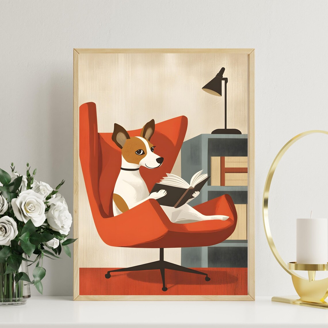 Jack Russell Dog Reading A Book In A Red Armchair Mid Century Poster - Image 2