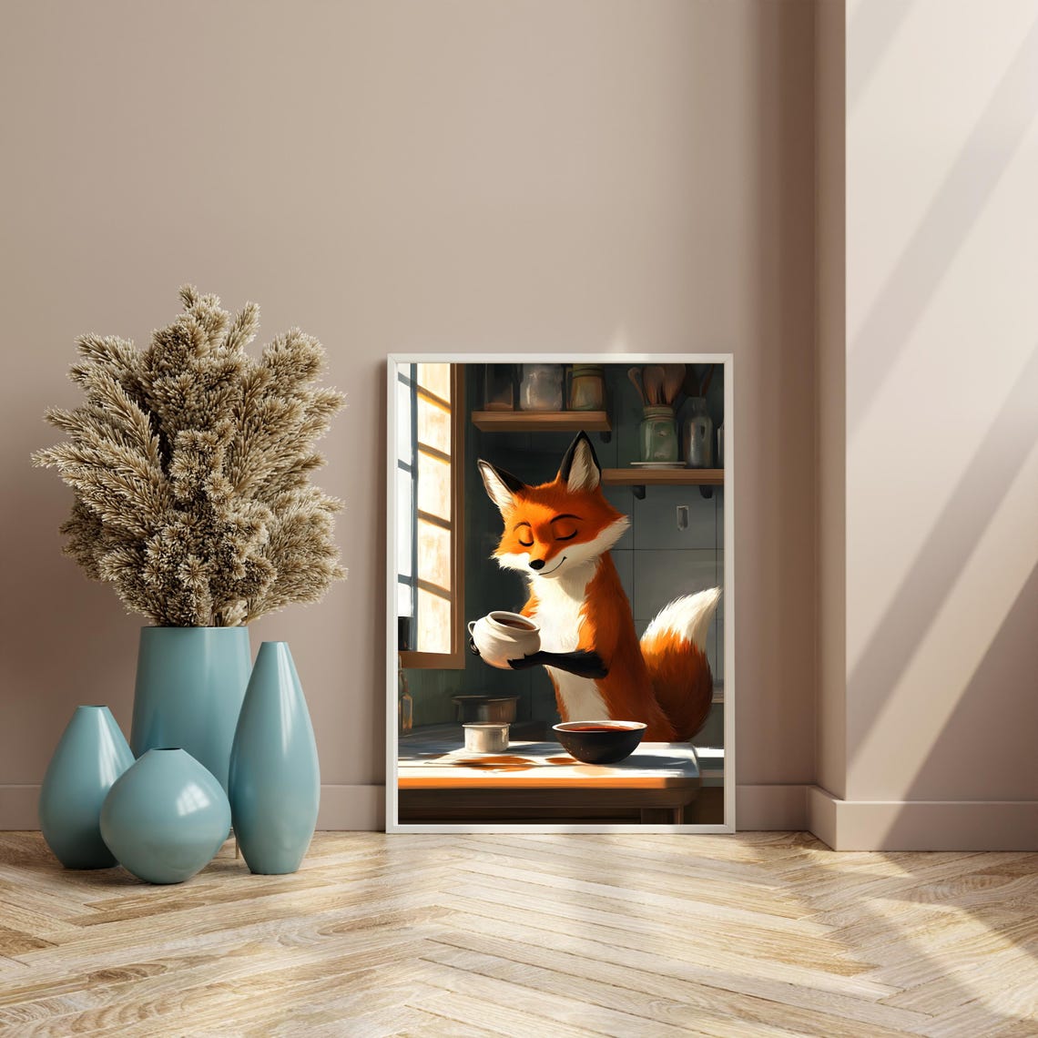 Cheerful Orange Fox Holding Teapot in Sunlit Kitchen Window Poster - Image 4
