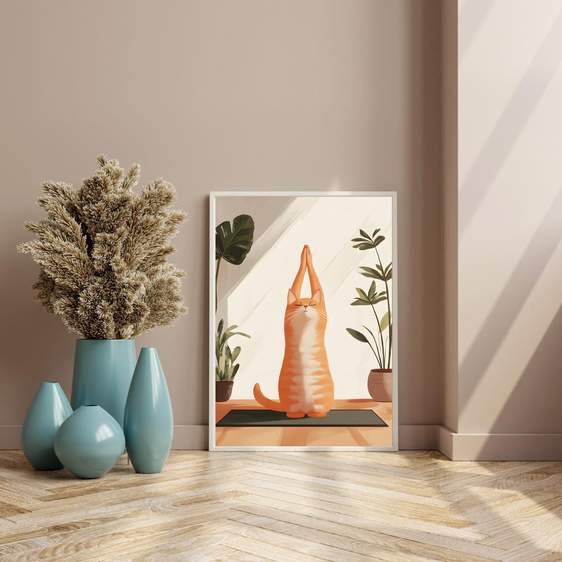Orange Cat Stretching in Yoga Pose on Mat in Sunlit Room Poster - Image 8
