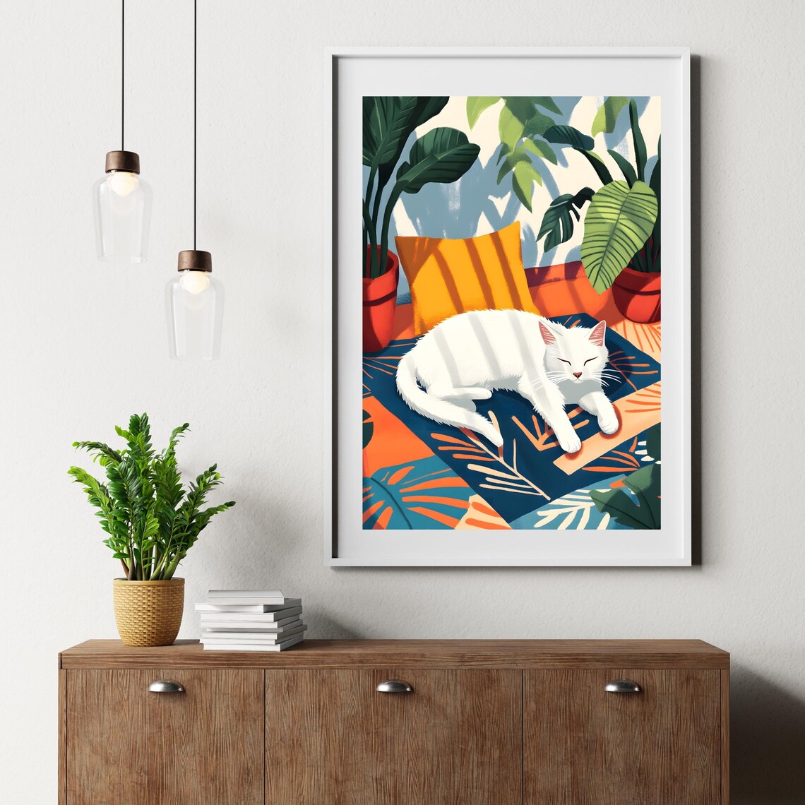 Sleeping White Cat Resting Peacefully Among Lush Tropical Plants Poster - Image 2