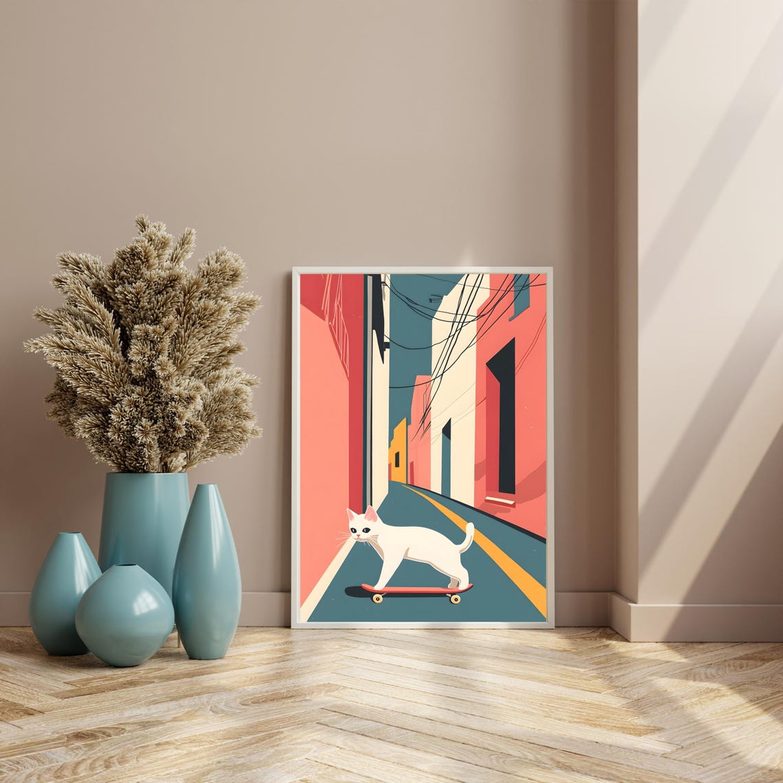 White Cat Skateboarding Down Colorful City Street Art Poster - Image 5