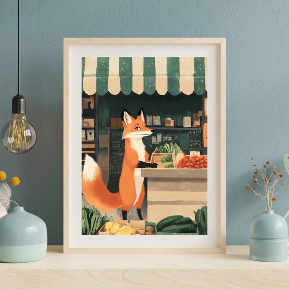 Clever Red Fox Browsing a Farmers Market Vegetable Stall Under an Awning Poster