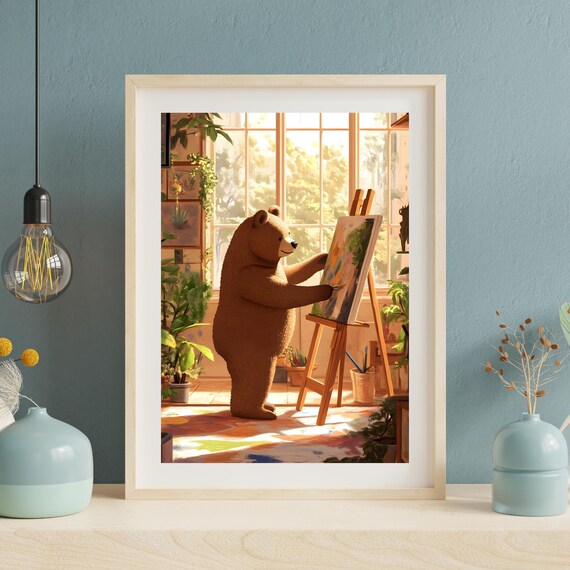 Creative Brown Bear Artist Painting at an Easel in a Sunny Studio Poster