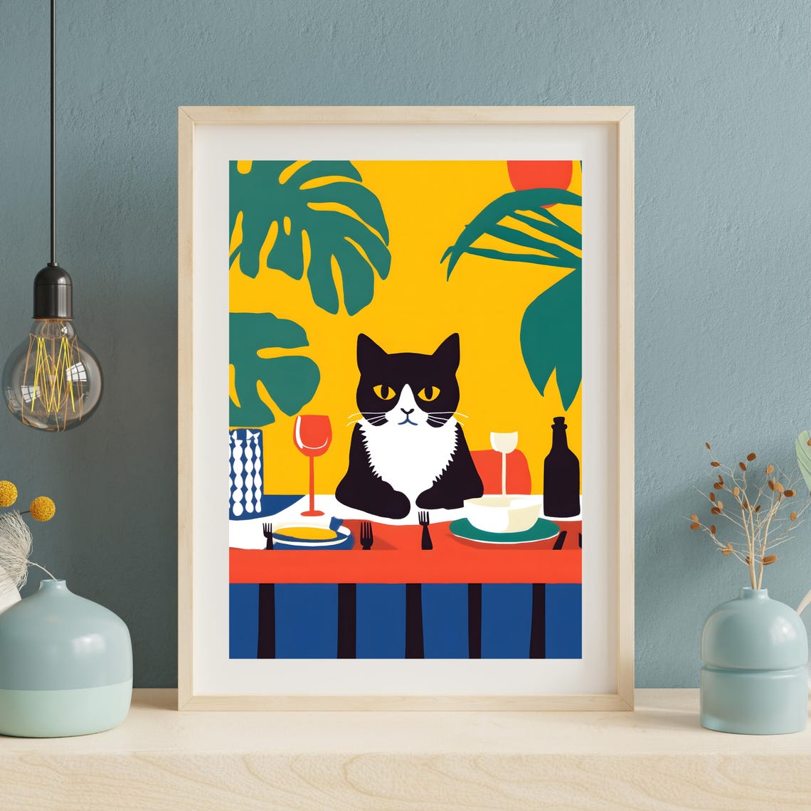 Black and White Cat at a Vibrant Tropical Dinner Party Table Poster - Image 3