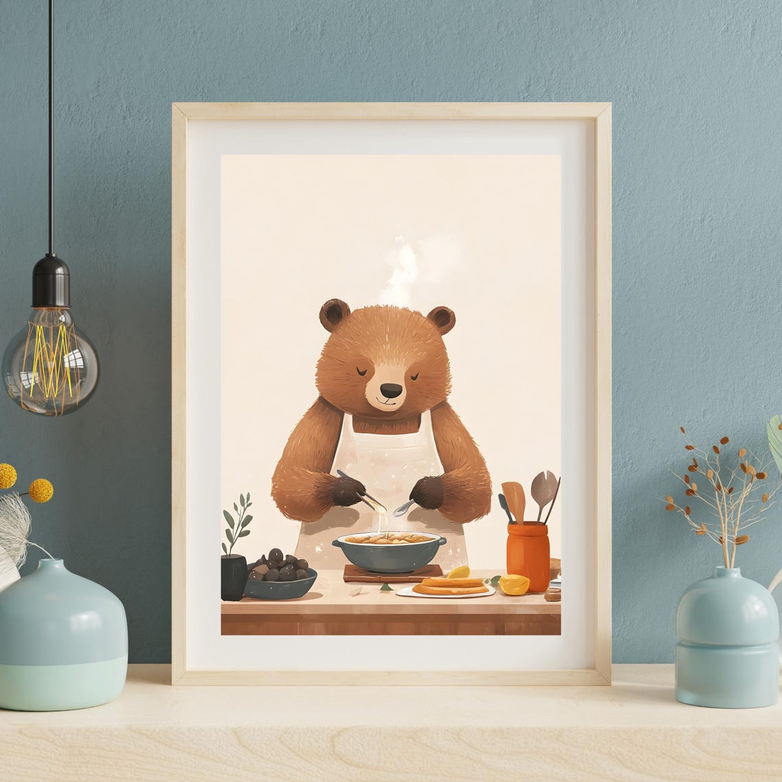 Cute Bear Chef Stirring Pasta in a White Apron in the Kitchen Poster - Image 3