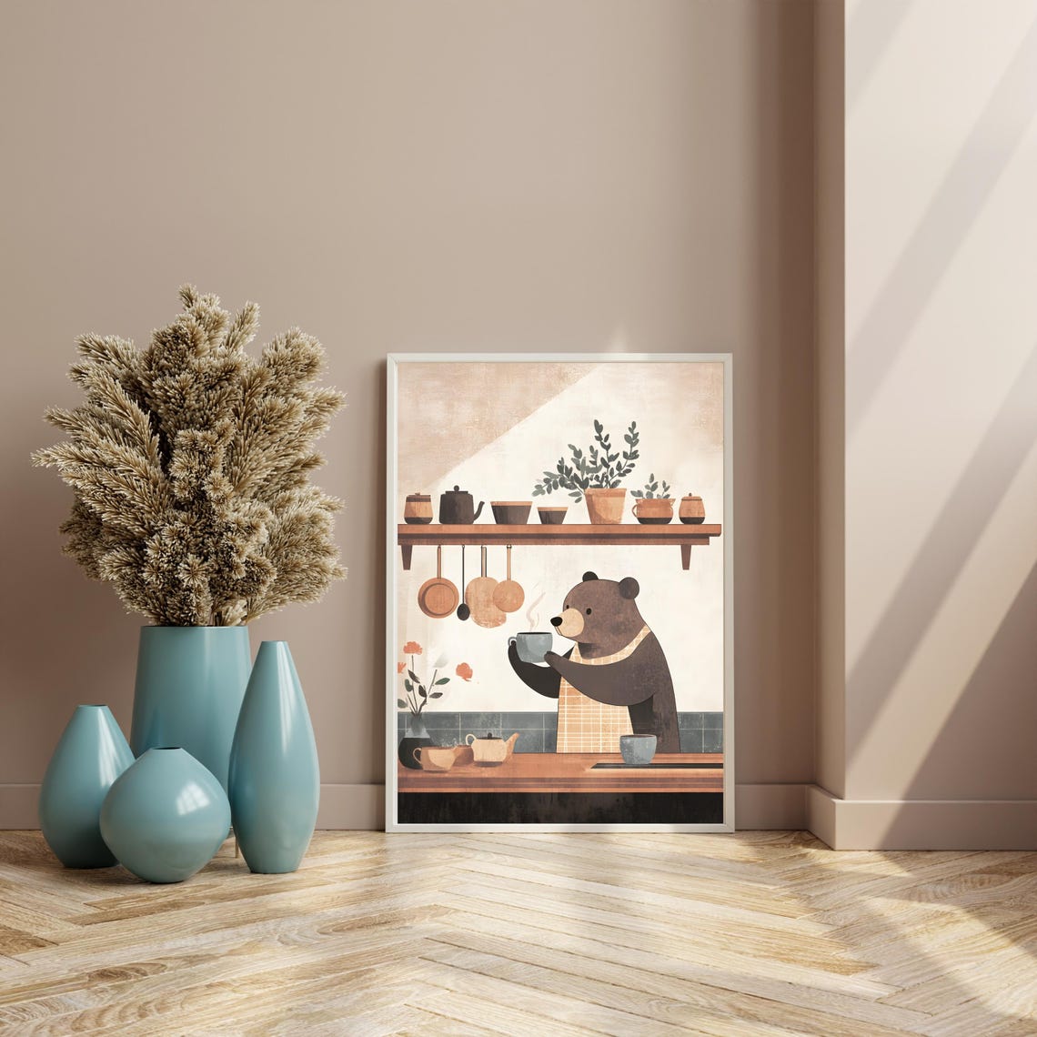 Cute Bear In Apron Holding A Coffee Cup Cozy Kitchen Art Poster - Image 4