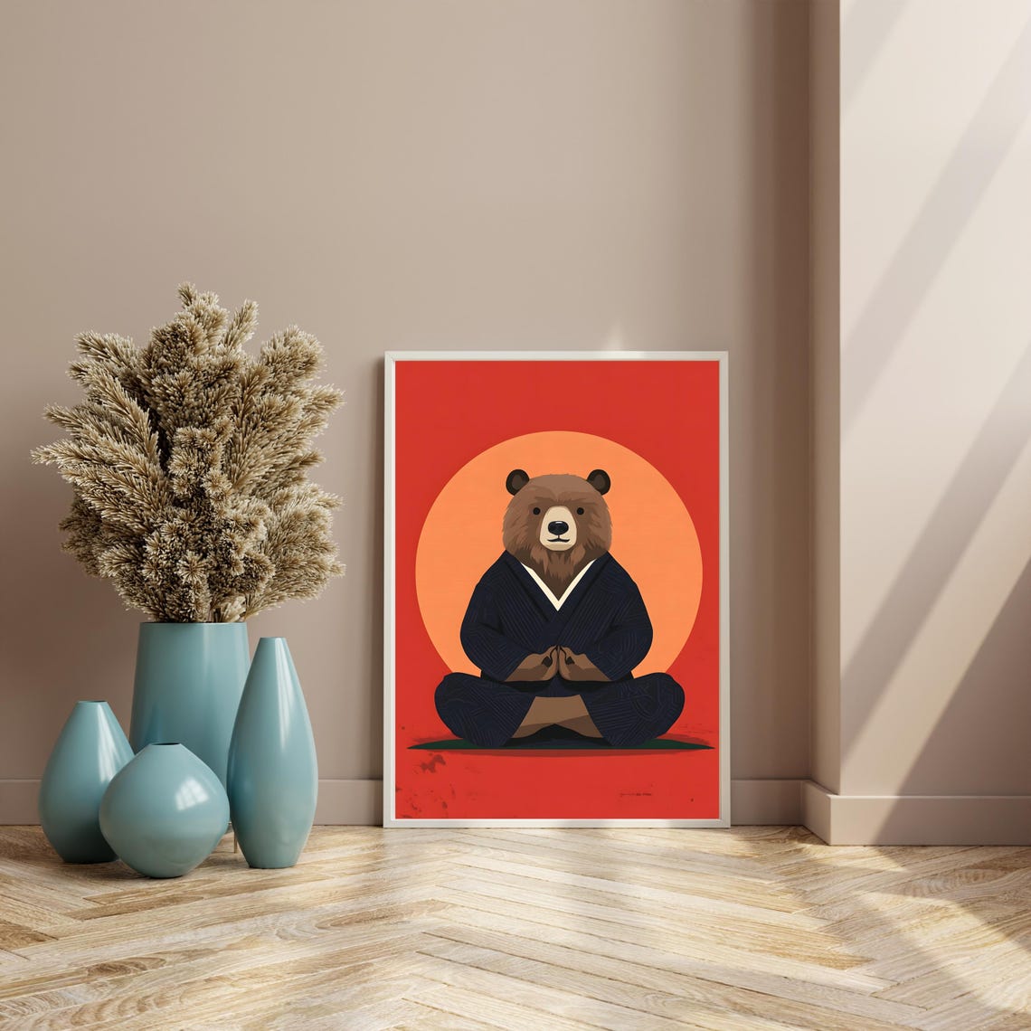 Zen Bear Meditating In A Kimono Before A Glowing Rising Sun Poster - Image 8