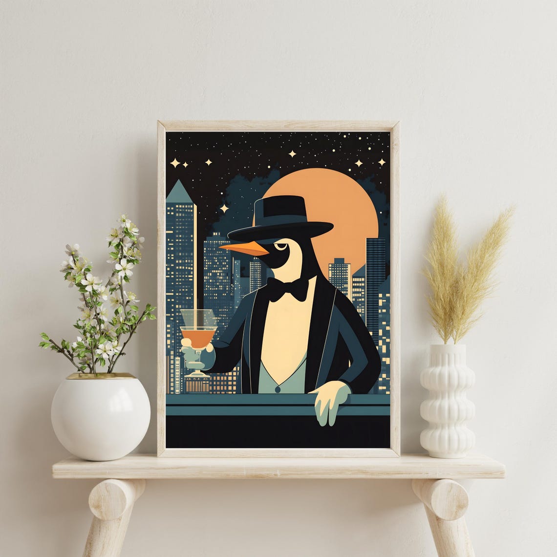 Debonair Penguin in Fedora Holding Cocktail at Night City Poster - Image 6