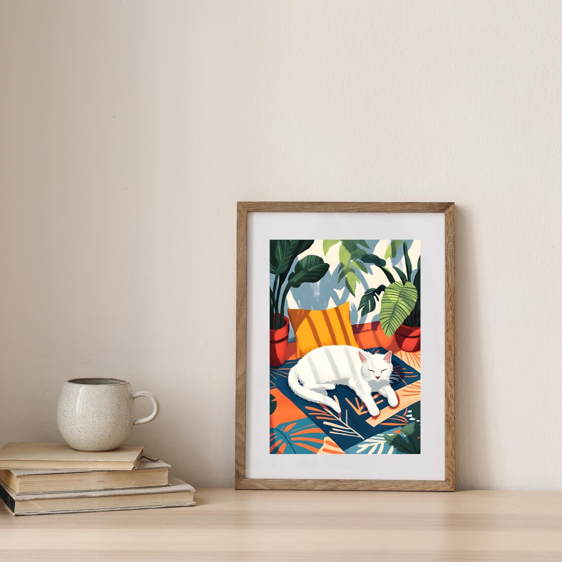 Sleeping White Cat Resting Peacefully Among Lush Tropical Plants Poster - Image 3