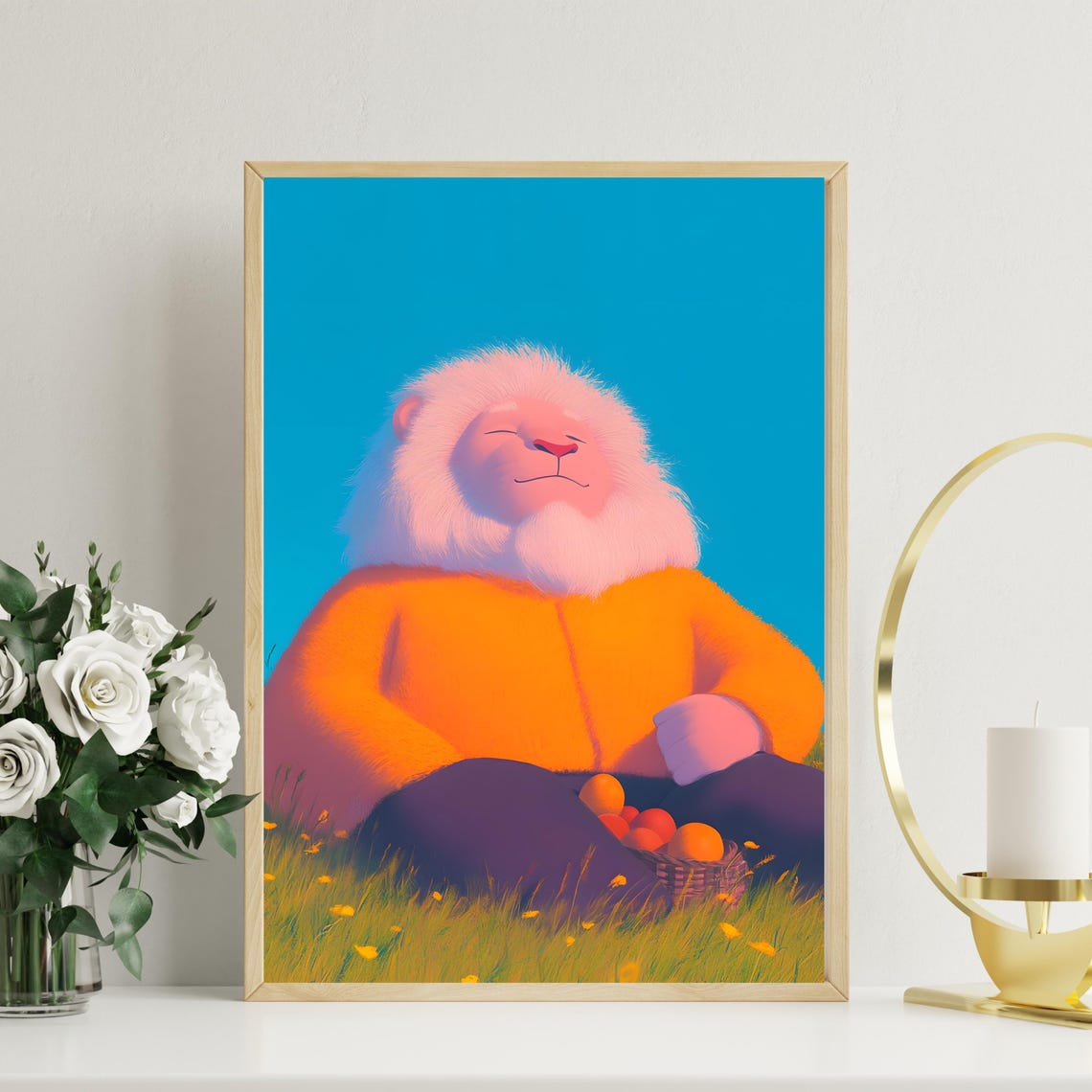 Serene Lion in Orange Hoodie with Fruit Basket Meadow Poster