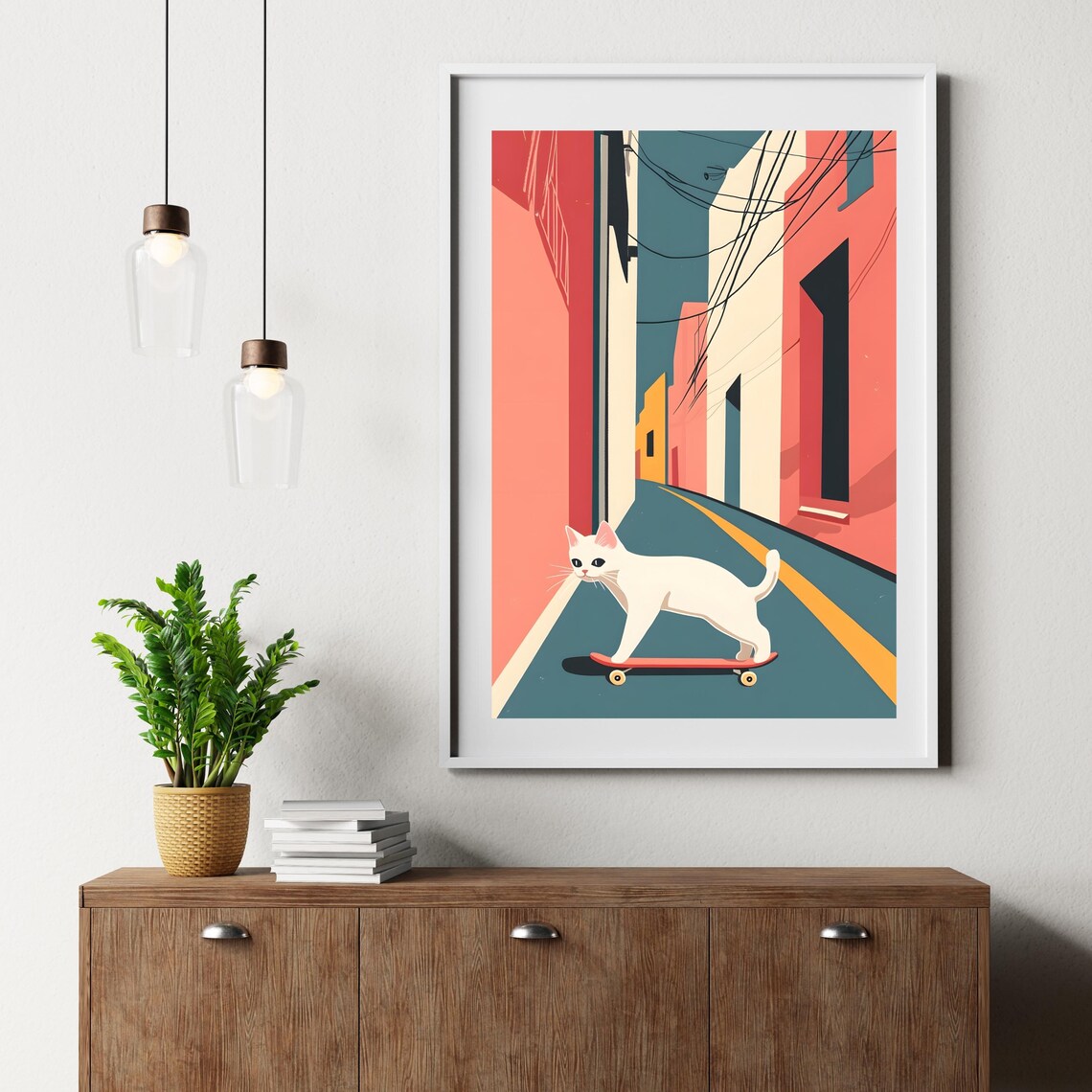 White Cat Skateboarding Down Colorful City Street Art Poster - Image 3