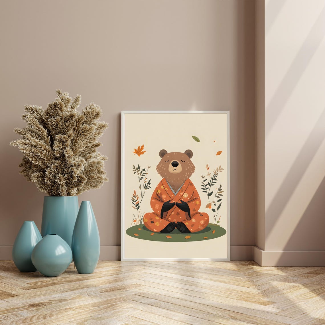 Meditating Bear in an Orange Kimono among Falling Autumn Leaves Poster - Image 8