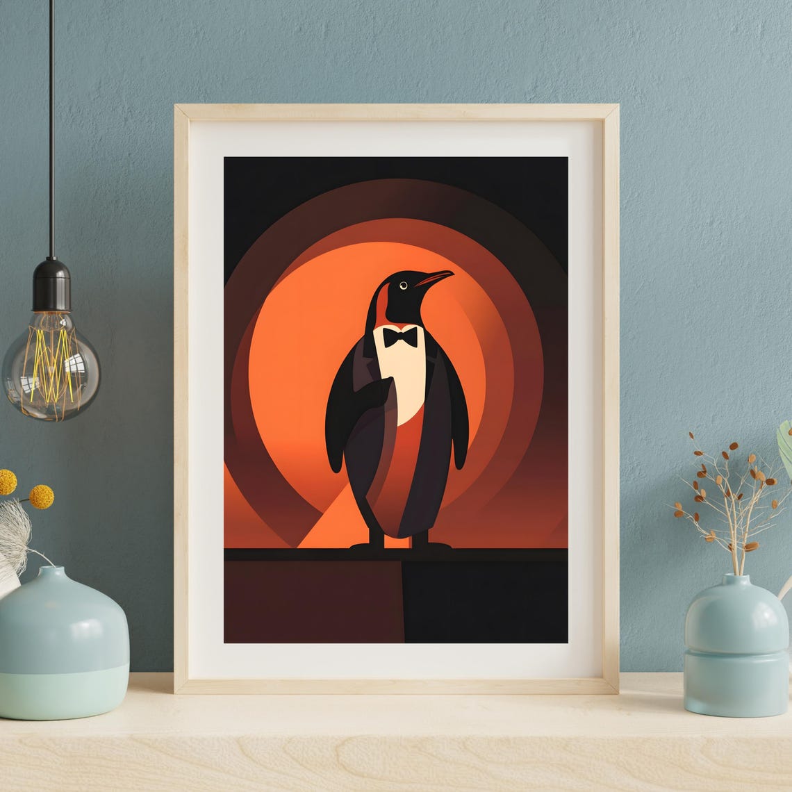 Elegant Penguin in Tuxedo Against Art Deco Orange Circles Poster - Image 4