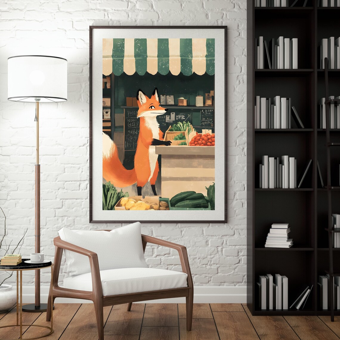 Clever Red Fox Browsing a Farmers Market Vegetable Stall Under an Awning Poster - Image 3
