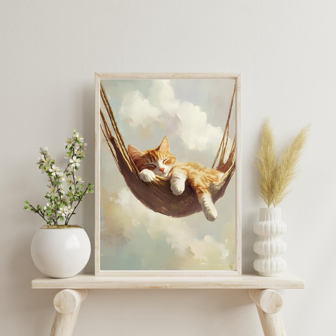 Fluffy Orange Cat Napping Peacefully in a Rope Hammock Among Soft Clouds Poster - Image 7