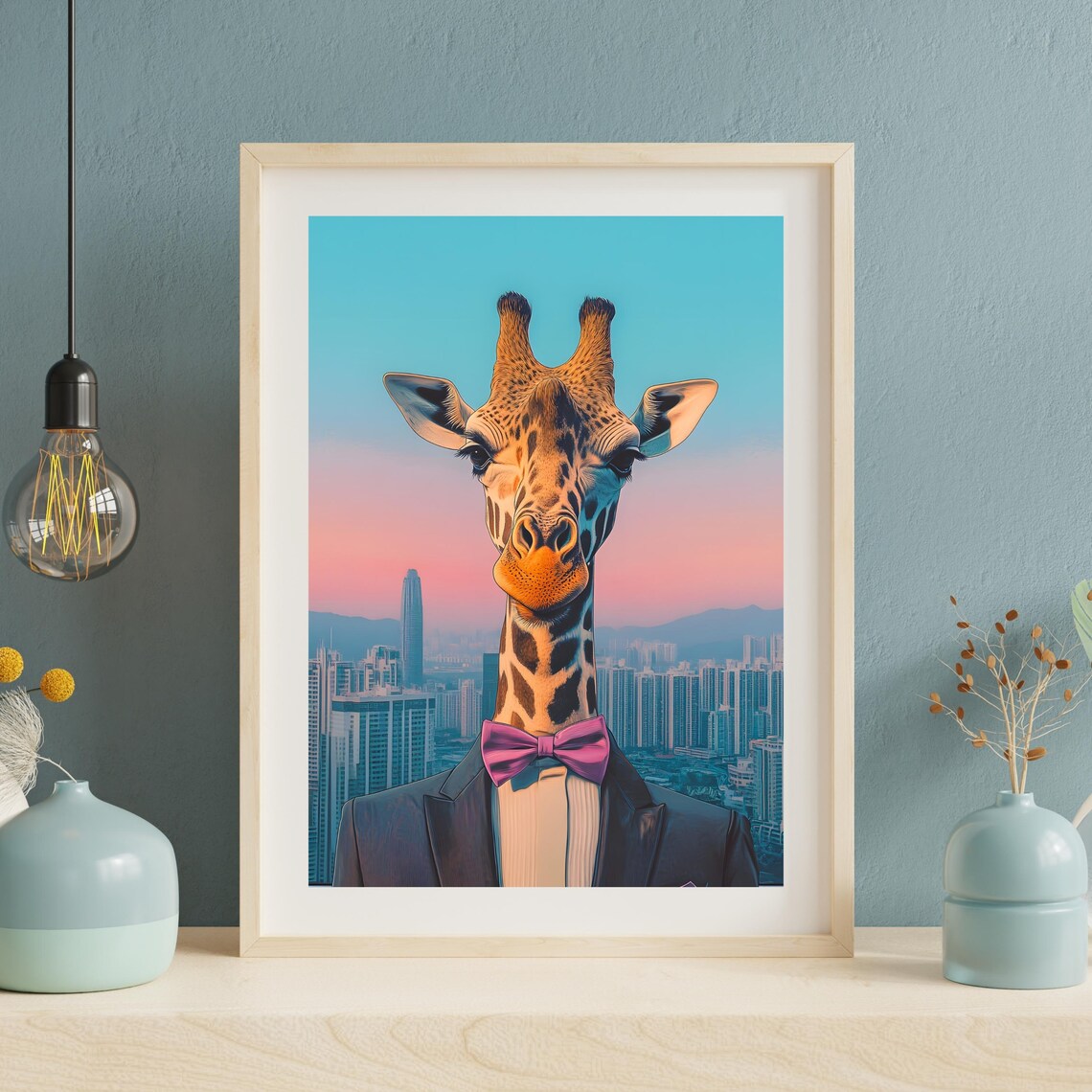 Elegant Giraffe in Tuxedo and Purple Bow Tie over a City Poster - Image 3