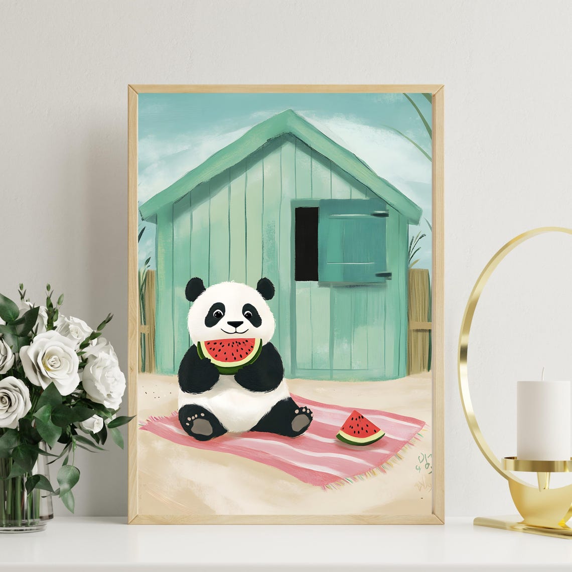 Cute Baby Panda Eating Watermelon at Mint Green Beach Hut Poster