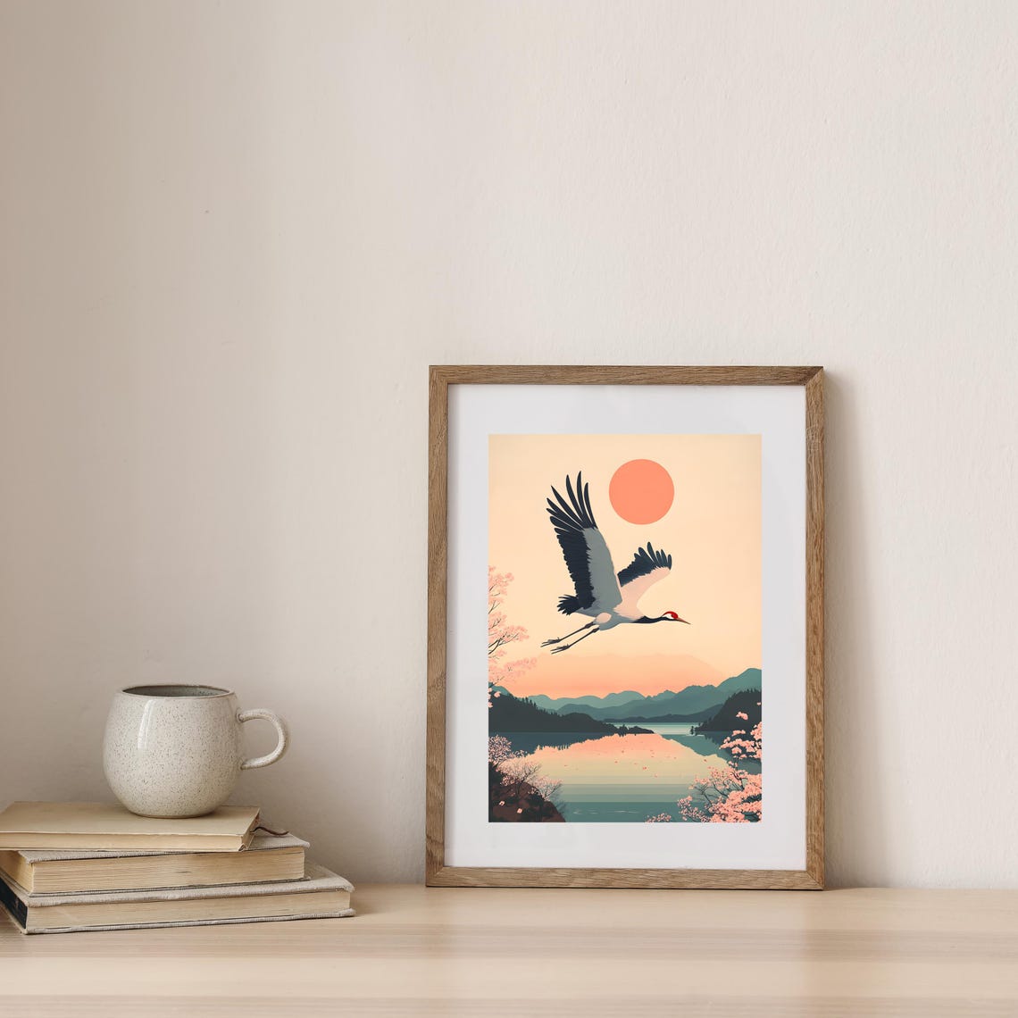 Japanese Crane Flying Over a Lake Lined With Cherry Blossoms Poster - Image 2