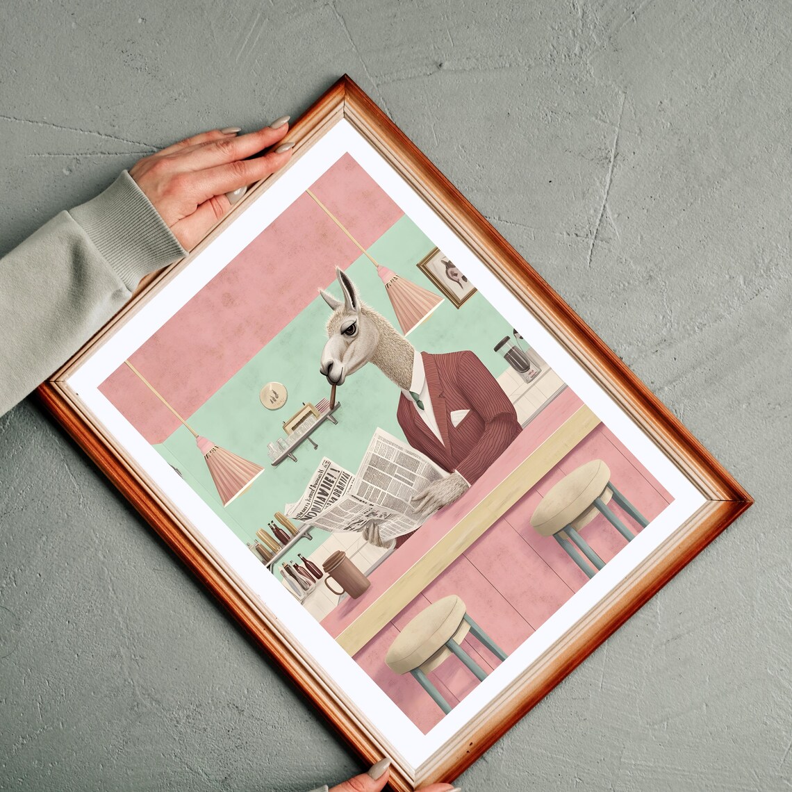 Dapper Llama in a Pinstripe Suit Reading the Newspaper at a Retro Cafe Poster - Image 8