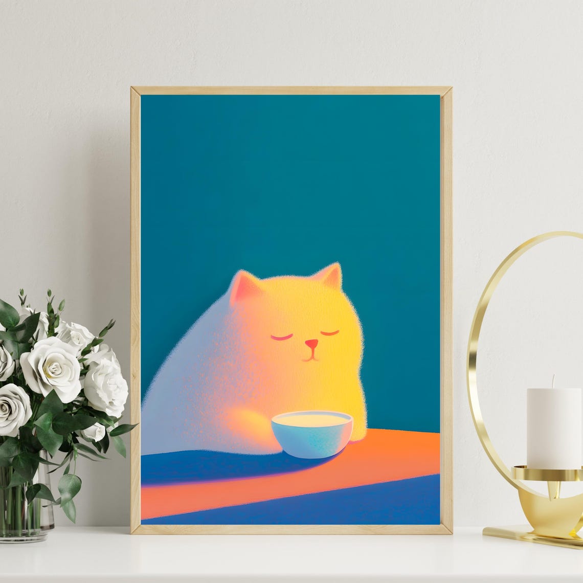 Sleepy Yellow Cat With Bowl Of Milk Cozy Teal Background Poster