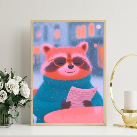 Red Panda In Sweater Reading Newspaper In Snowfall Winter Poster