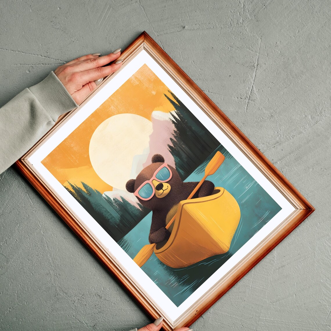 Cool Dark Bear in Pink Sunglasses Paddling a Yellow Canoe at Sunset Poster - Image 7