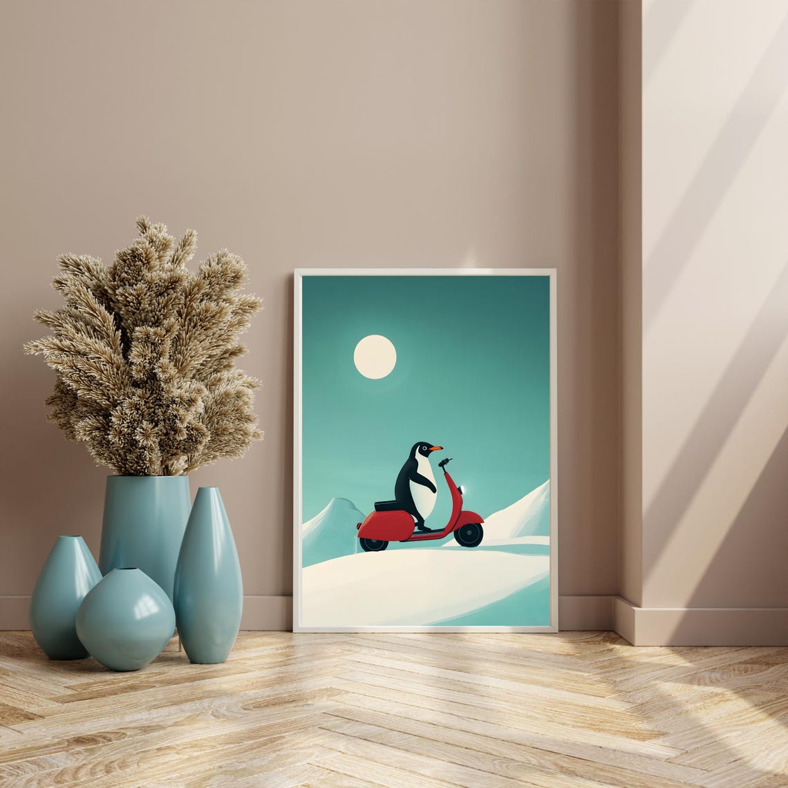 Penguin Riding A Red Scooter Through A Snowy Winter Landscape Poster - Image 8