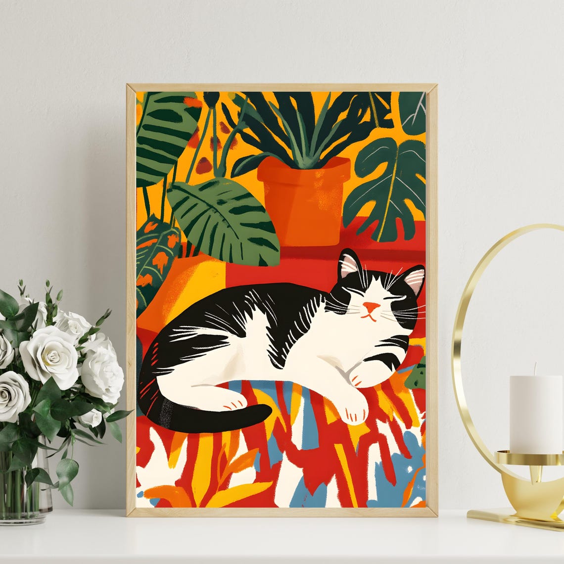 Sleeping Tuxedo Cat on Colorful Rug with Tropical Plants Poster
