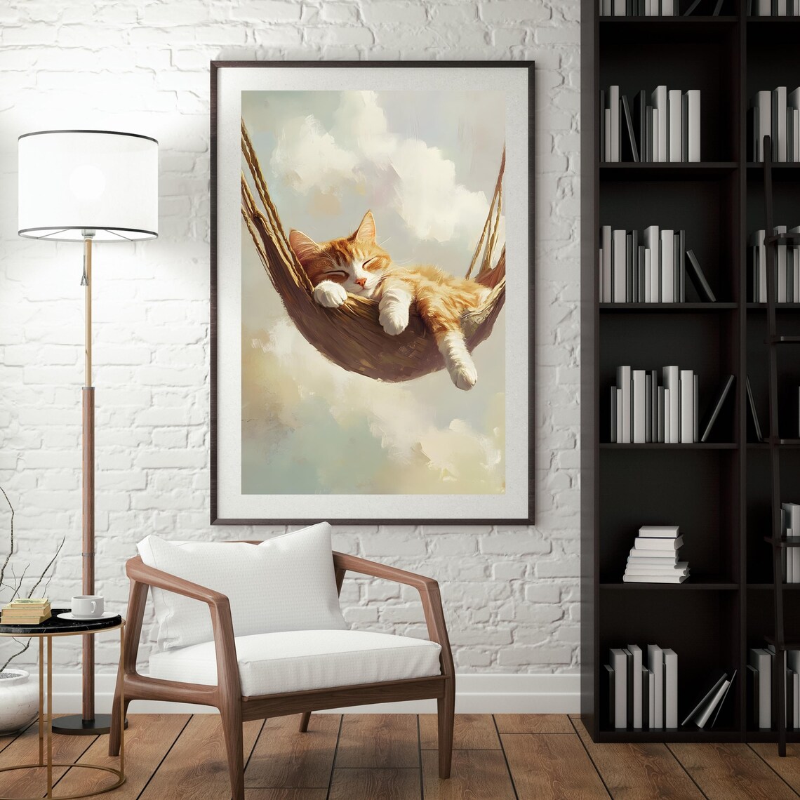 Fluffy Orange Cat Napping Peacefully in a Rope Hammock Among Soft Clouds Poster - Image 8