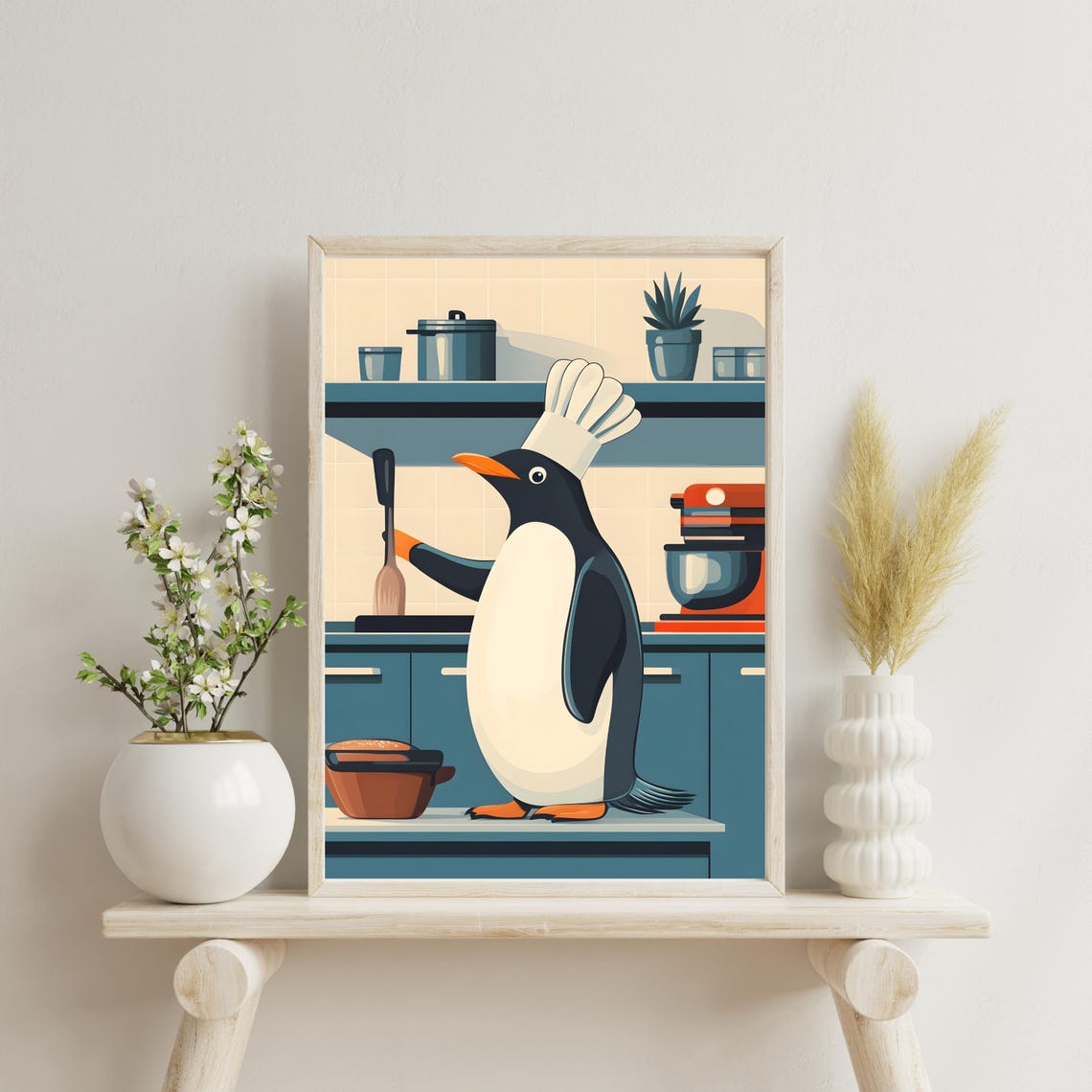Penguin Chef With Spatula Cooking in a Retro Teal Kitchen Poster - Image 4