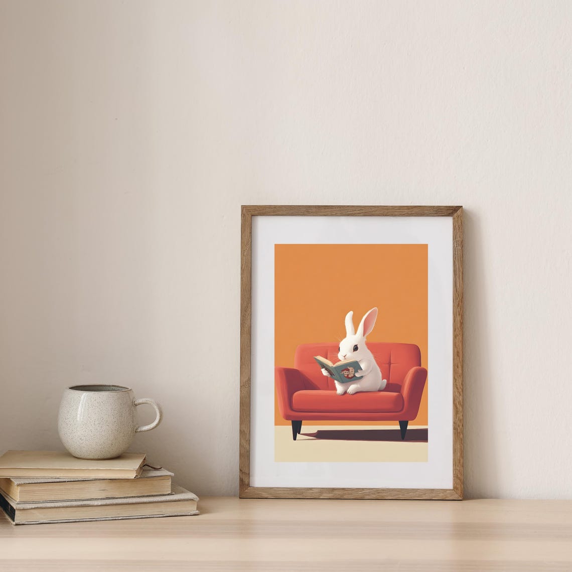 White Bunny Reading a Book on a Red Sofa in Orange Room Poster - Image 7