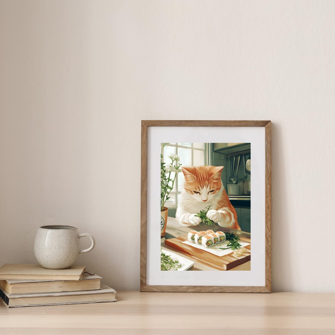 Orange Tabby Cat Making Sushi Rolls in Bright Kitchen Poster - Image 3