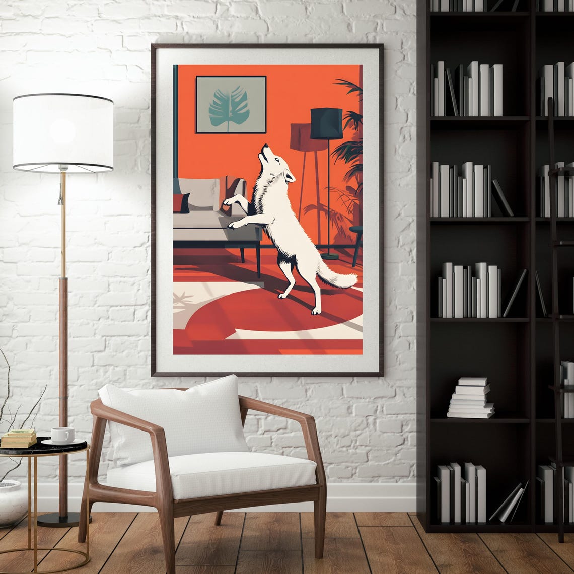 Playful White Wolf Howling Retro Living Room Mid Century Art Poster - Image 7