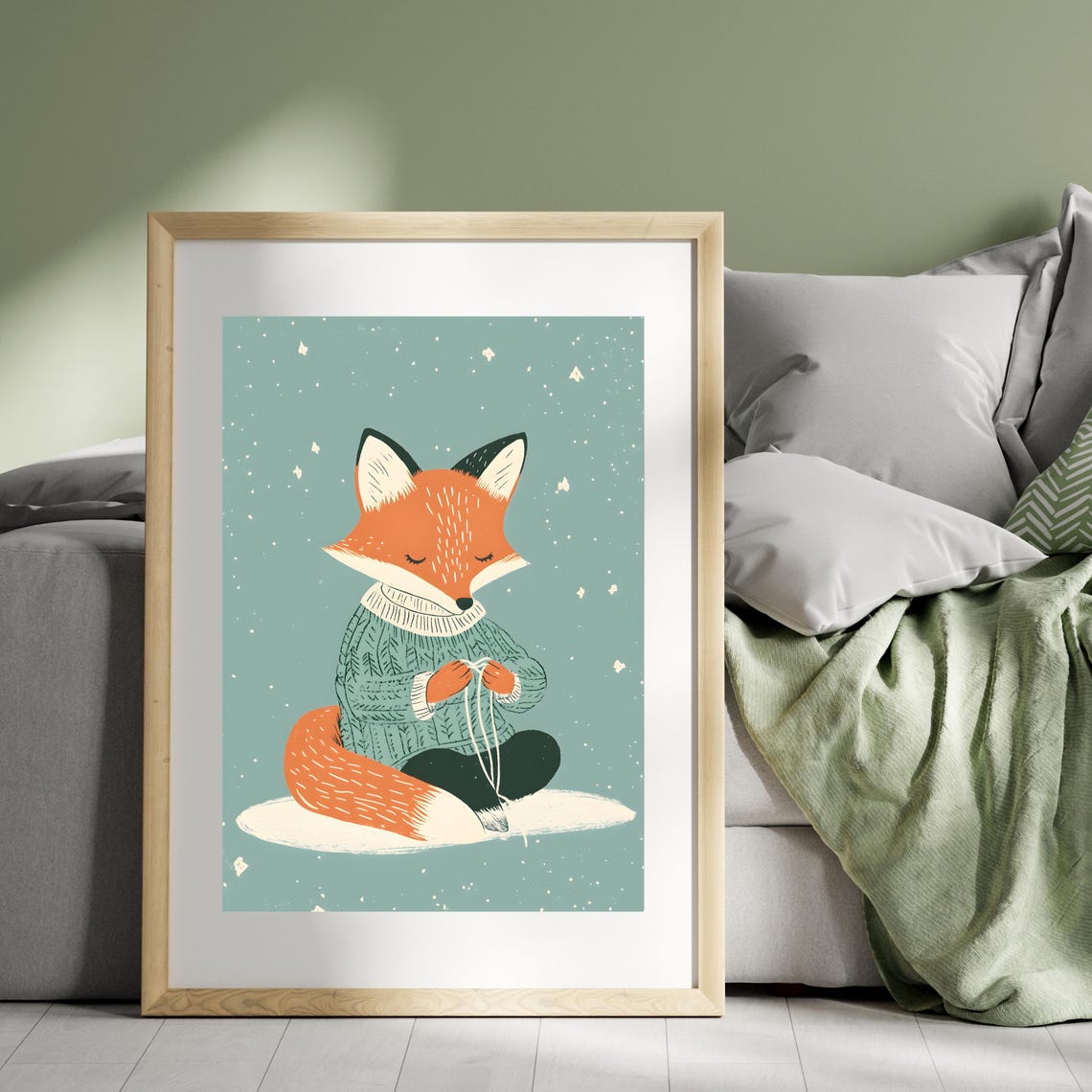 Fox Knitting in Sweater Winter Snowfall Cozy Animal Nursery Art Poster - Image 2