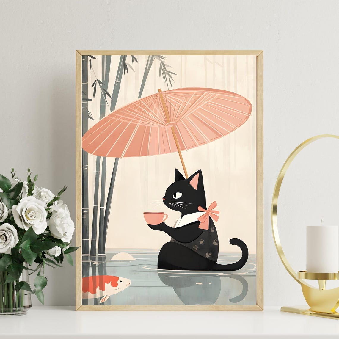Black Cat With Pink Umbrella Drinking Tea in a Rainy Pond Poster - Image 2