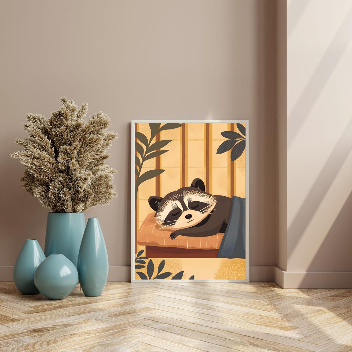 Sleeping Raccoon Napping On A Cushion In Warm Autumn Tones Poster - Image 8