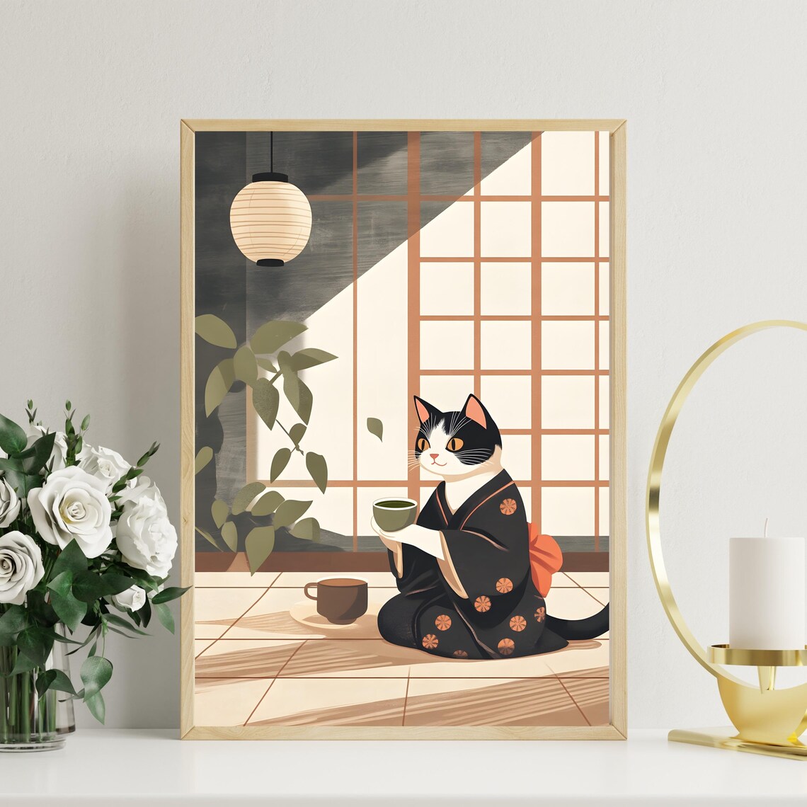 Black and White Cat in Kimono Drinking Tea by Shoji Screen Poster - Image 2