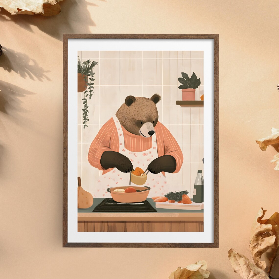Cozy Bear Chef Cooking at the Stove Wearing a Floral Kitchen Apron Poster