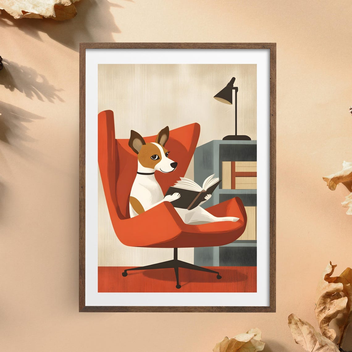 Jack Russell Dog Reading A Book In A Red Armchair Mid Century Poster