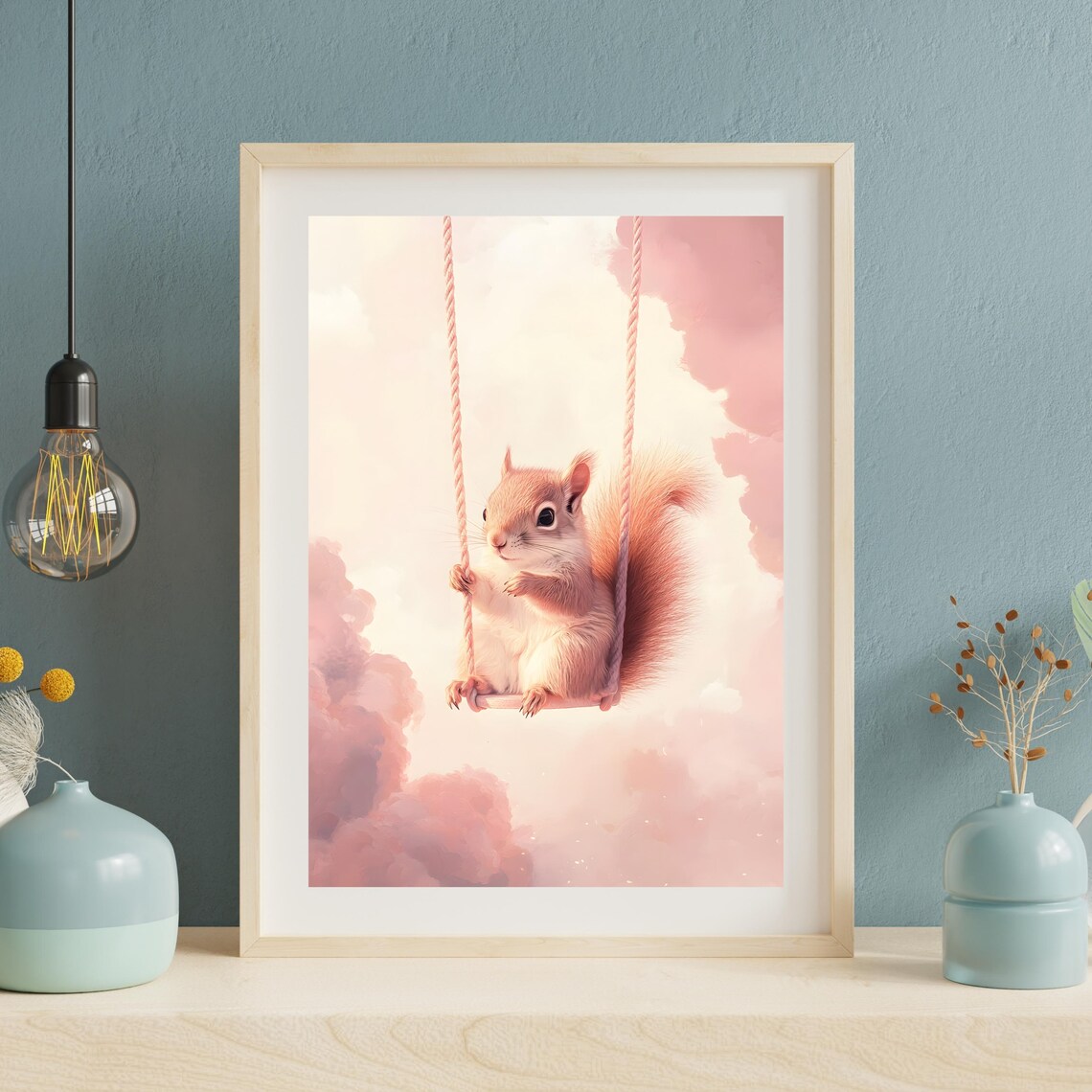 Cute Fluffy Squirrel Sitting on a Rope Swing Floating in Pink Clouds Poster - Image 2