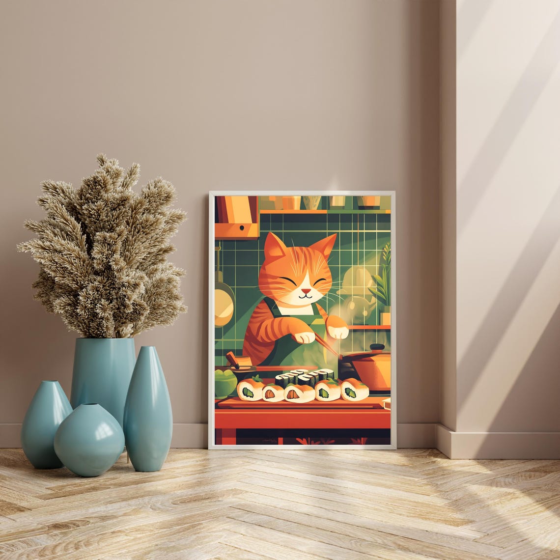 Ginger Cat Sushi Chef Rolling Sushi In A Cozy Kitchen Scene Poster - Image 6