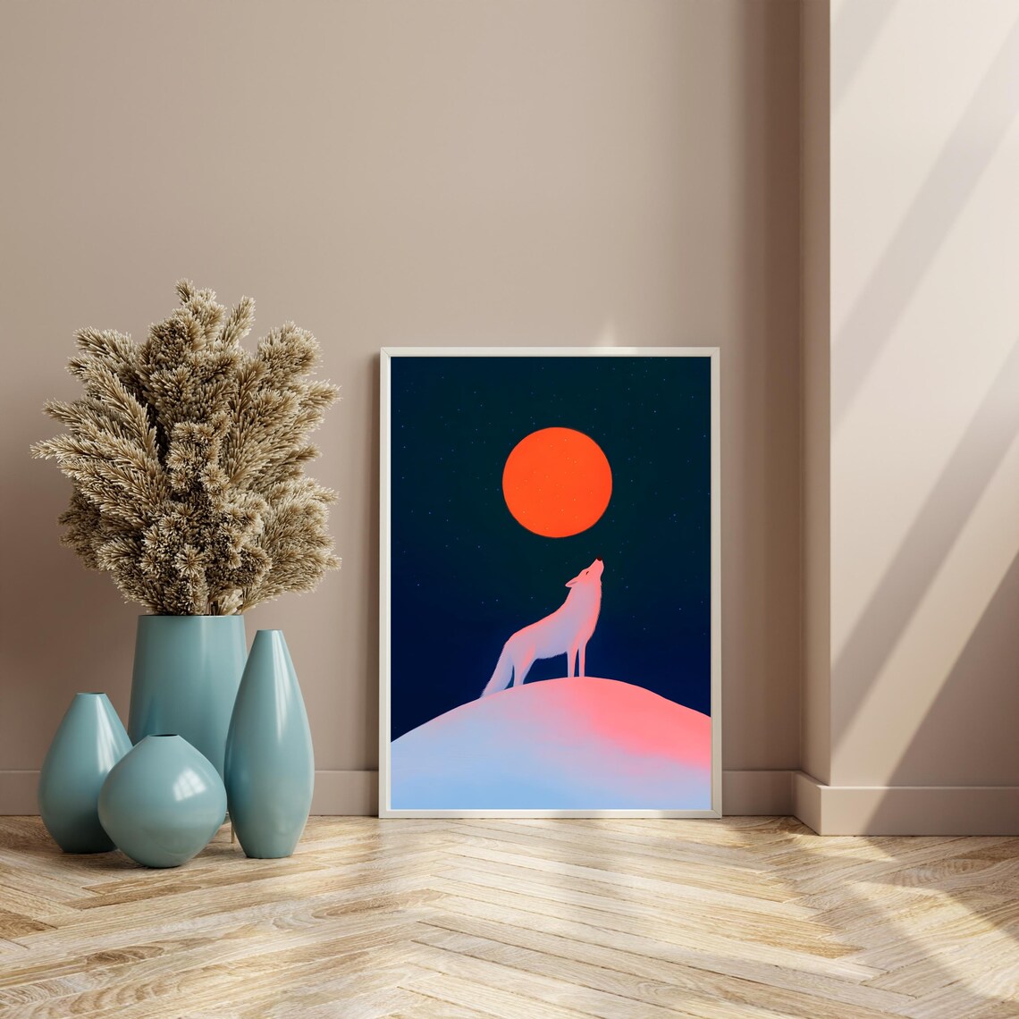 White Wolf Howling At Giant Red Moon Starry Night Sky Art Poster - Image 4