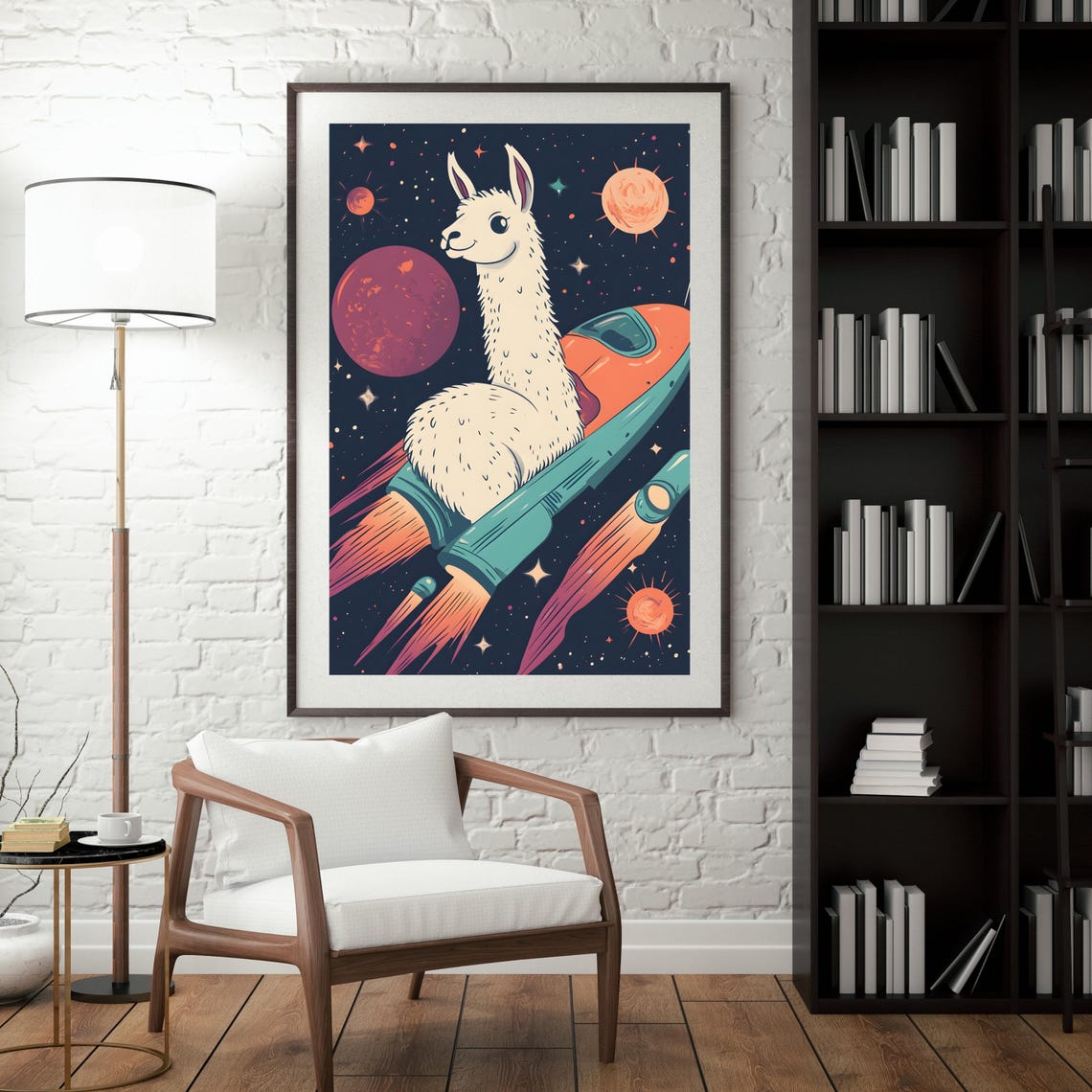 Cute Llama Riding a Retro Rocket Ship Through Starry Space Poster - Image 6