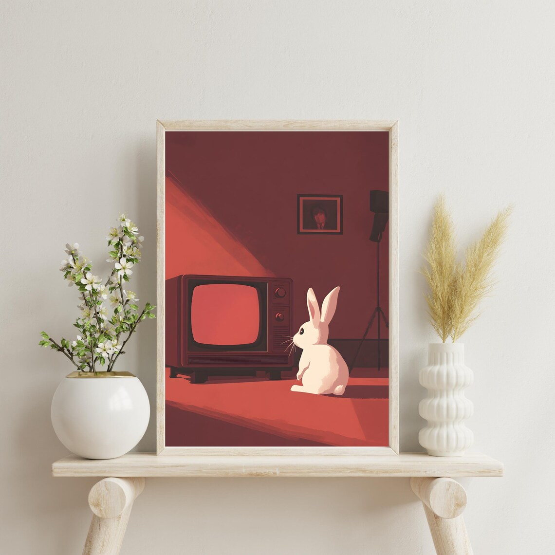 Retro Bunny Watching Vintage TV Red Room Minimalist Animal Art Poster - Image 4