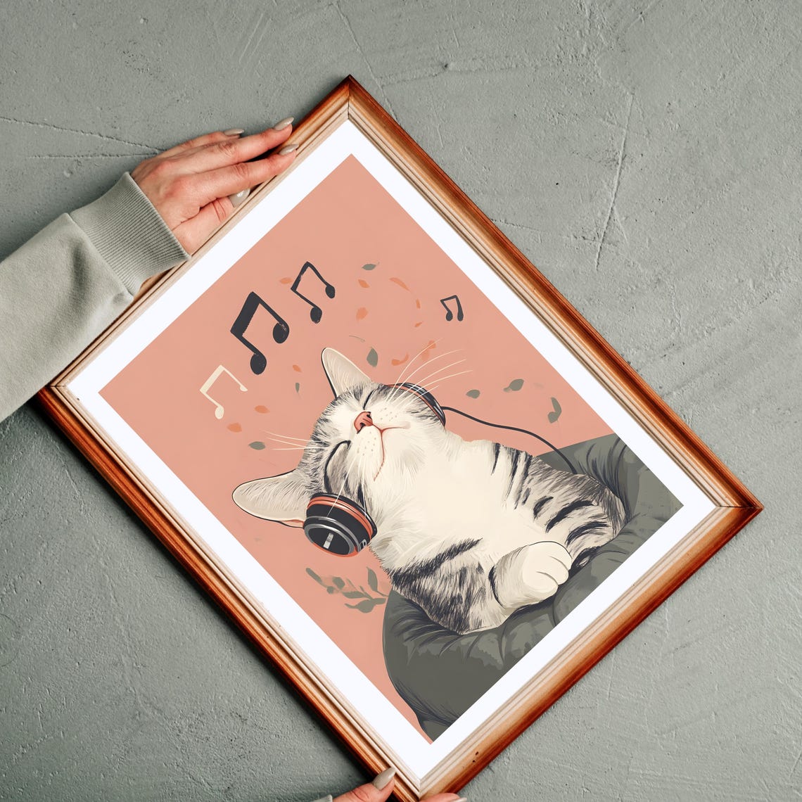 Relaxed Tabby Cat Wearing Headphones with Floating Music Notes Poster - Image 7